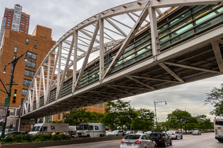 New York City, USA - June 8, 2017: Traffic in Manhattan under Tribeca Bridge in West street / Chambers St, New York Cityのeditorial素材