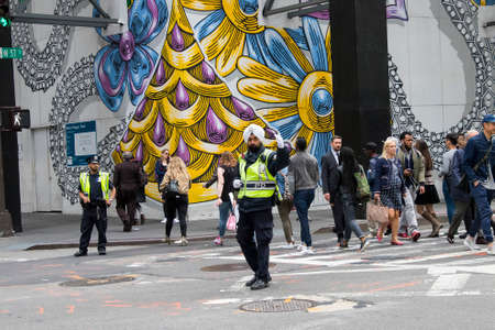 New York City, USA - June 7, 2017: NYPD Traffic officer wears turban with insignia attached in Manhattanのeditorial素材