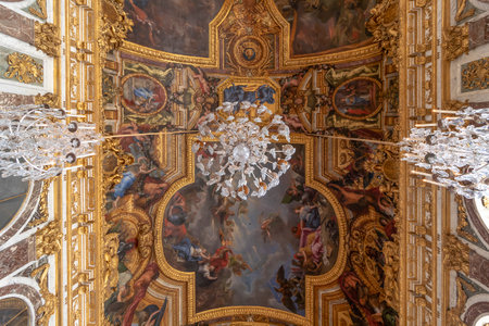 Versailles, France - March 14, 2018: Detail of chandeliers inside the Hall of Mirrors (Galerie des Glaces) of the Royal Palace of Versailles in Franceのeditorial素材