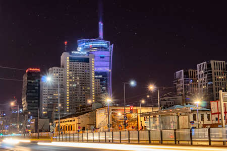 Warsaw, Poland May 30, 2018: Night panorama of Warsaw with new constructions at night. New glass and steel skyscrapers coexisting with old buildingsのeditorial素材