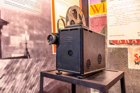 Krakow, Poland - June 3, 2018: Old movie projector in Oskar Schindler's Enamel factory museumのeditorial素材