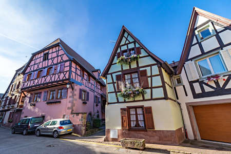 View of Ribeauville with beautiful christmas decoration displayed during christmas markets in this charming little town, Alsace region, France, Europeの写真素材