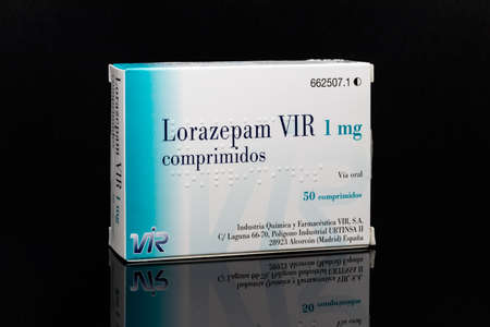 Huelva, Spain - November 26, 2020: Spanish Box of Lorazepam brand VIR. It is used to treat anxiety disorders, trouble sleeping, active seizures.のeditorial素材