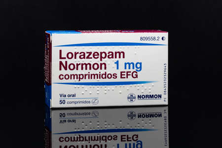 Huelva, Spain - November 26, 2020: Spanish Box of Lorazepam brand Normon. It is used to treat anxiety disorders, trouble sleeping, active seizures.のeditorial素材