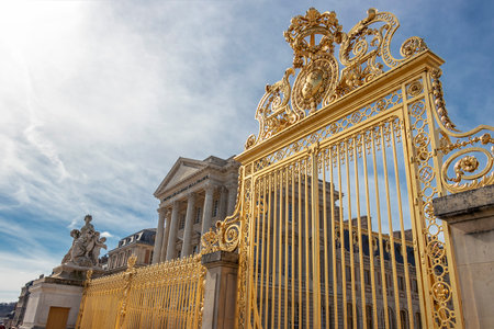 Perspective view of Main golden door and exterior fence at facade of Versailles Palace, Paris, Franceのeditorial素材