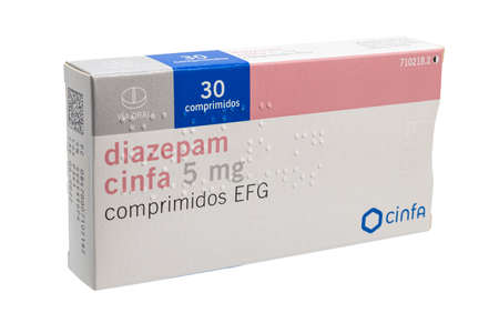 Huelva, Spain - January 21, 2021: Spanish Box of Diazepam brand CINFA. Diazepam, first marketed as Valium, is a medicine of the benzodiazepine family that typically produces a calming effect.のeditorial素材