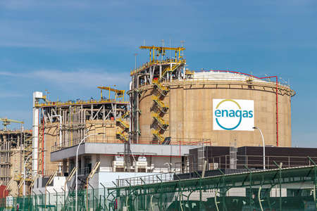 Palos de la Frontera, Huelva, Spain - March 11, 2021: Storage Tanks of Enagas, Empresa Nacional del...