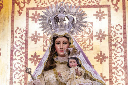 El Almendro, Huelva, Spain - March 13, 2021: Detail of virgin Nuestra SeÃ±ora de Piedras Albas, inside the hermitage with the same name, located in the Prado de Osma area, El Almendro, Huelvaのeditorial素材