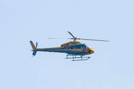 Huelva, Spain - July 30, 2021: Helicopter of the Guardia Civil de Trafico (Civil Traffic Guard)...