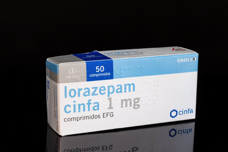 Huelva, Spain - August 28, 2021: Spanish Box of generic Lorazepam from Cinfa laboratory. It is used to treat anxiety disorders, trouble sleeping, active seizures.のeditorial素材