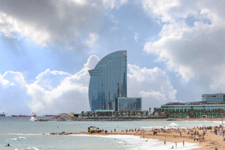 Barcelona, Spain - September 24, 2021: The W Barcelona hotel, also known as Hotel Vela, is a 98.8 m high building designed by the Spanish architect Ricardo Bofill.のeditorial素材
