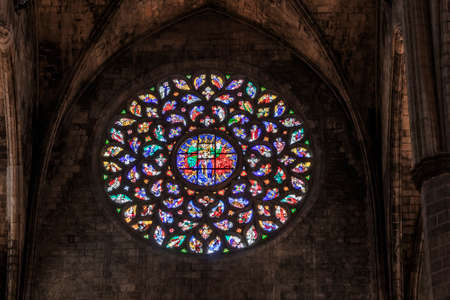Barcelona, Spain - September 21, 2021: Rose window of Santa MarÃ­a del Mar inside the basilica located in the city of Barcelona, Catalonia, Spain. It has been classified as an Asset of Cultural Interestのeditorial素材