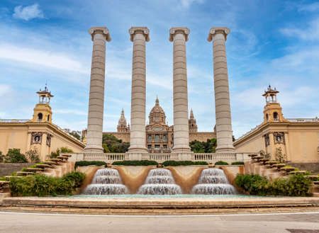 Four stone columns in front of the National Palace in Barcelona. A symbol of Catalanism.のeditorial素材