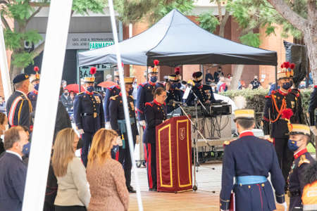 Huelva, Spain - October 30, 2021: Speech by the Spanish Royal Guard prior to the pledge of allegiance to the Spanish flag of civilians who so wishの写真素材