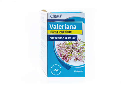 Huelva, Spain - October 10, 2021: Spanish box of Valerian (Valeriana officinalis) Brand Vivisima. Used for sedation or pain relief and sleep aid and sedative also used for relax smooth muscle.のeditorial素材