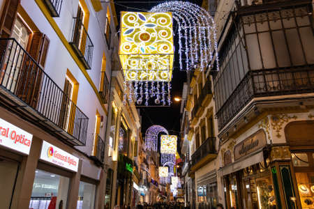 Seville, Spain - December 22,2020: Christmas decoration in Sierpes street, Seville, Andalusia, Spainのeditorial素材