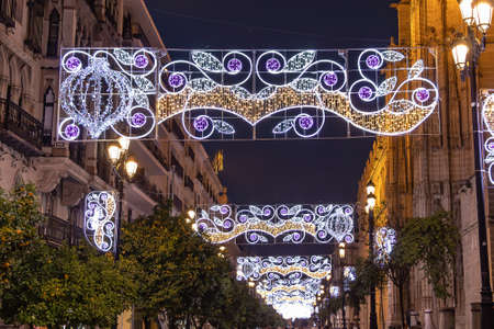 Christmas lights decoration Constitution avenue, Avenida de la ConstituciÃ³n, in Seville, Andalusia, Spainの写真素材