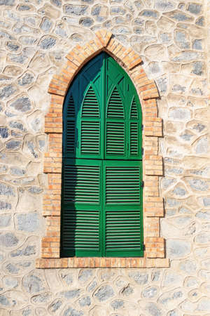 Window of Anglican Church of Bella Vista used by the staff of the Rio Tinto Company Limited, in Minas de Riotinto, Huelva, Andalusia, Spainの写真素材