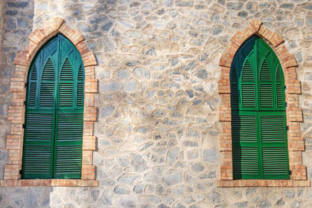 Windows of Anglican Church of Bella Vista used by the staff of the Rio Tinto Company Limited, in Minas de Riotinto, Huelva, Andalusia, Spainの写真素材