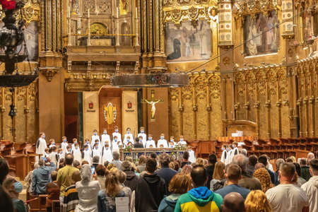 Barcelona, Spain - September 21, 2021: View of singing children in the Holy Mass in the Basilica of Montserratのeditorial素材