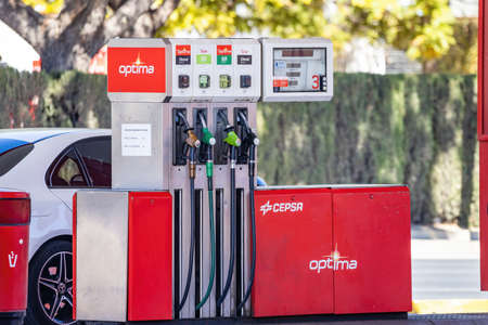 Huelva, Spain - March 6, 2022: View of a petrol pump at a Cepsa gas stationのeditorial素材