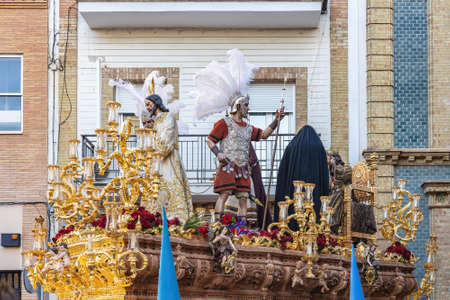 Throne or platform of the step of the arrest of our lord (prendimiento) in procession by the narrow streets of the cityのeditorial素材