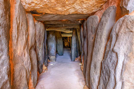 Corridor of megalithic monument of El dolmen de Sotoのeditorial素材