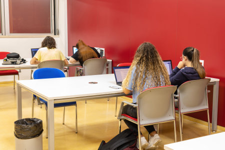 view of four Students preparing the examsの写真素材