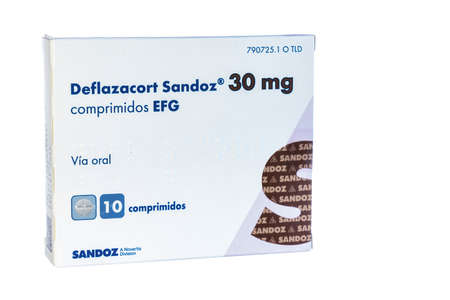 Huelva, Spain - June 4, 2022: Box of Deflazacort is used to treat muscular dystrophy in adults and children 2 years of age and older. Deflazacort is in a class of medications called corticosteroids.のeditorial素材