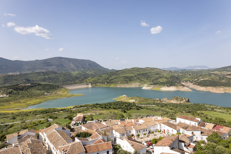 Panoramic view of Sierra de Grazalema (Grazalema Mountains) with Zahara-el Gastor Reservoir from the village of Zahara de la Sierra in Cadiz, Andalusia, Spain.の写真素材