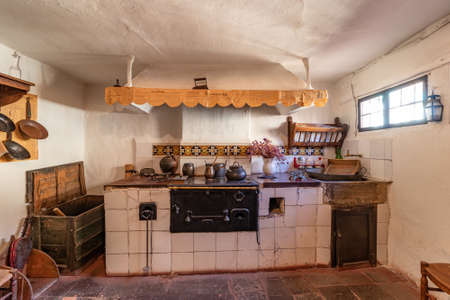 Segovia, Spain - October 9, 2017: Vintage charcoal kitchen in a rustic houseのeditorial素材