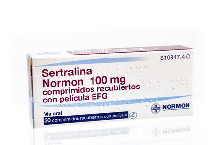 Huelva, Spain - July 19, 2022: A Spanish box of Sertraline from Normon lab. It is an antidepressant of the selective serotonin reuptake inhibitor (SSRI) class.のeditorial素材