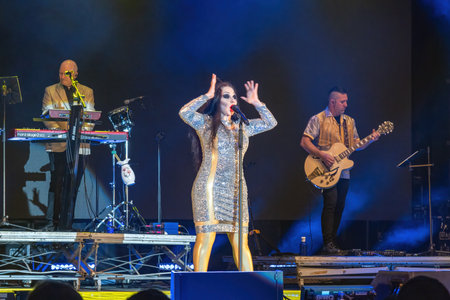 Huelva, Spain - August 1, 2022: The singer Alaska (Olvido Gara Jova) with the band Fangoria in a...
