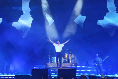 Huelva, Spain - May 25, 2022: The singer Manuel Carrasco in a concert in his home town, Isla Cristina, in Huelva, Andalucia, Spainのeditorial素材