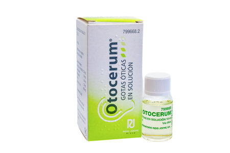 Huelva, Spain - August 31, 2022: Spanish bottle and box of Otocerum Ear Drops, with Essence Turpentine, Chlorobutanol, Benzocaine, Phenol and Castor Oil, for dissolve earwax, antiseptic and analgesicのeditorial素材