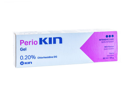 Huelva, Spain - September 2, 2022: Perio Kin chlorhexidine 0.20% gel for periodontal and peri-implant treatment. It is bioadhesive for topical application that is fixed in the area to be treatedのeditorial素材