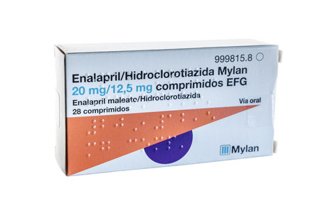 Huelva, Spain - September 08, 2022: A Generic Combination of Enalapril Maleate and Hydrochlorothiazide from Mylan laboratory, Treatment of essential hypertension.のeditorial素材