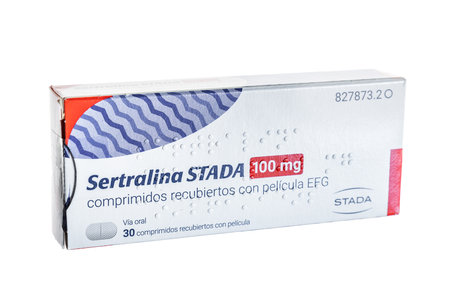 Huelva, Spain - September 8, 2022: Sertraline from Stada lab. It is an antidepressant of the selective serotonin reuptake inhibitor (SSRI) class.のeditorial素材