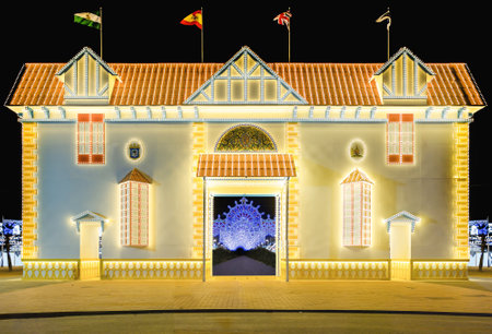 Illuminated doorway for the 2022 Colombine festivities, which recreates one of the 274 homes in the Reina Victoria neighborhood, also known as Barrio Obreroのeditorial素材