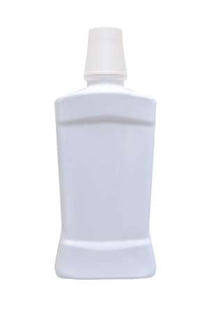 White plastic bottle for mockup, liquid container with lid on isolated white background. Template for your design.の写真素材