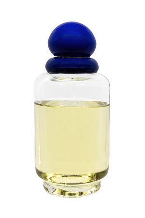 Bottle of feminine cologne perfume with blue cap for mockupの写真素材