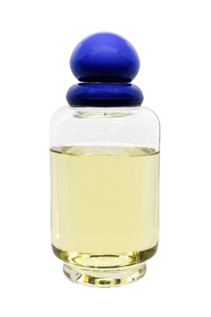 Bottle of feminine cologne perfume with blue cap for mockupの写真素材