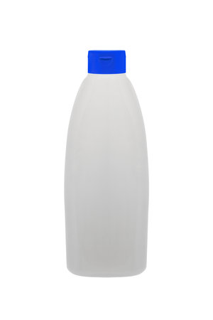 White plastic bottle for mockup, liquid container with lid on isolated white background. Template for your design.の写真素材