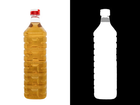 A plastic bottle of Wine vinegar. It is the result of two successive fermentation, alcoholic fermentation and acetic fermentation. Isolated on white background with clipping mask for mockupの写真素材