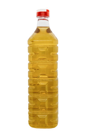 A plastic bottle of Wine vinegar. It is the result of two successive fermentation, alcoholic fermentation and acetic fermentation. Isolated on white background for mockupの写真素材