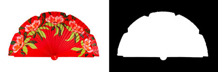 Spanish red open hand fan, decorated with floral motifs, isolated on white background with clipping maskの写真素材