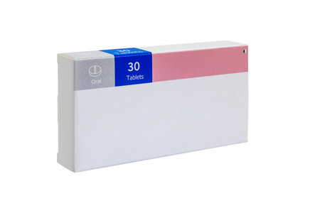 Realistic cardboard box for medication template isolated on white background. Mockup for your designの写真素材