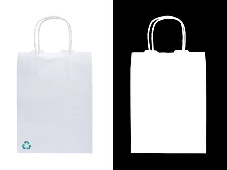 Eco white paper bag with trash recycling logo, Isolated on white background with clipping mask. Concept green living.の写真素材