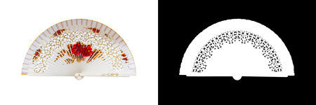Spanish white open hand fan, decorated with floral motifs, isolated on white background with clipping maskの写真素材