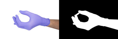 Surgeon's hand in a blue medical glove holds a white pill isolated on white background with clipping maskの写真素材